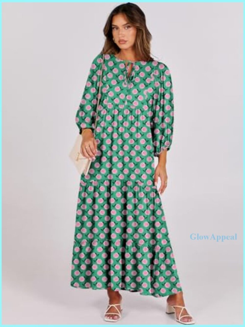 Maxi Dress with Puff Sleeves, V-Neck, Flowy Swing Fit for Casual Wear - Picture 6 of 7